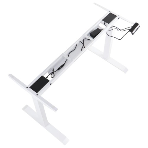 Metalowy stelaż dwusilnikowy UT-04E w kolorze szarym z elektryczną regulacją wysokości – widok z góry.