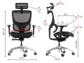 Krzesło obrotowe ErgoNew S1A z zagłówkiem i podłokietnikami, kolor czarny - schemat z dokładnymi wymiarami.