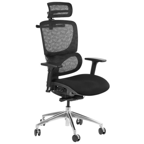 Krzesło obrotowe ErgoNew S1A z zagłówkiem i podłokietnikami, kolor czarny - widok od przodu.
